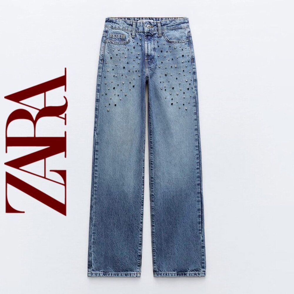Straight-Cut High-Waist Jeans With Rhinestones From ZARA - Picture 1 of 16